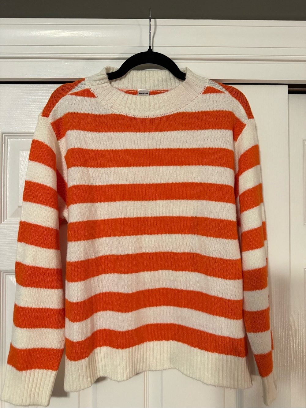 madore Orange and Cream Striped Crewneck Sweater